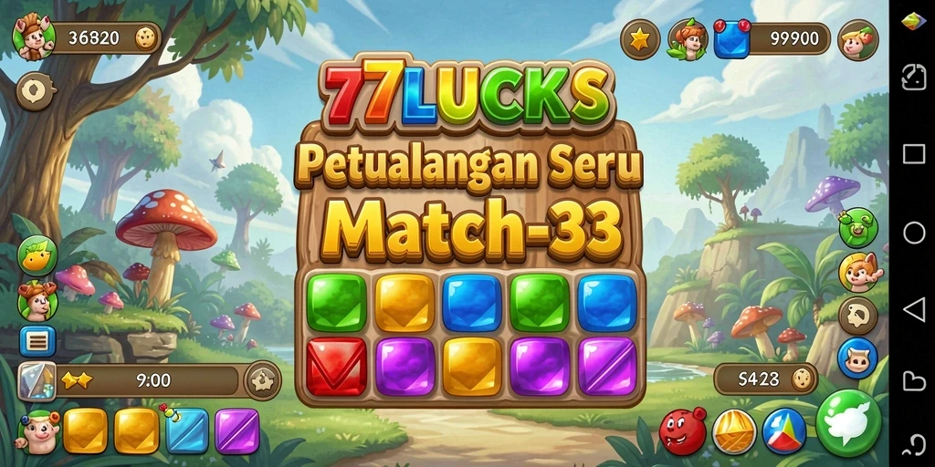 Tampilan dinamis gameplay Match-3 di 77LUCKS dengan kombinasi warna-warni.