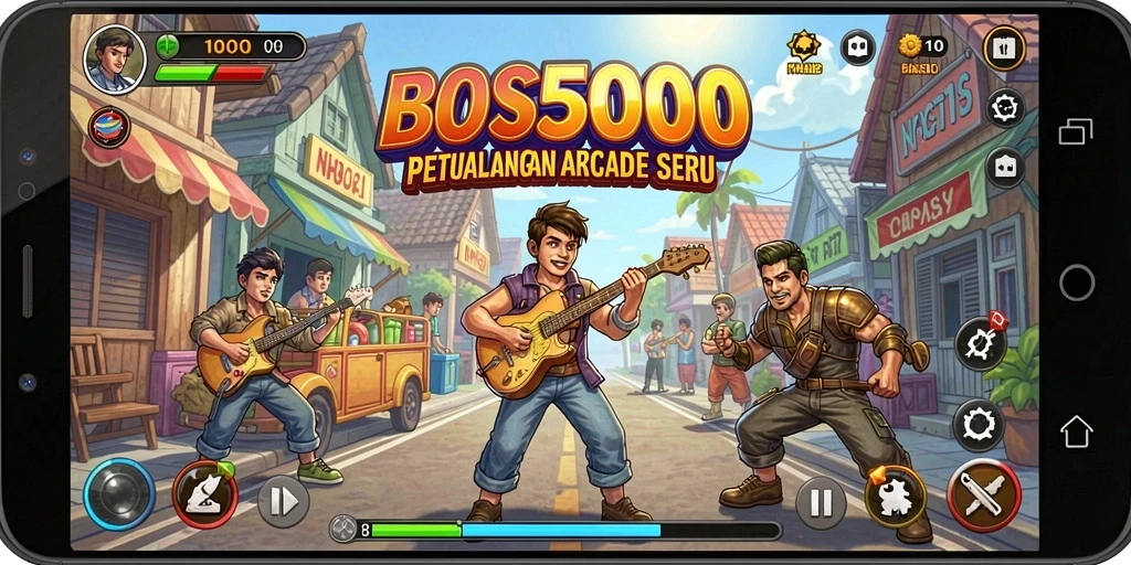 Screenshot utama BOS5000 menampilkan gameplay Arcade yang seru.