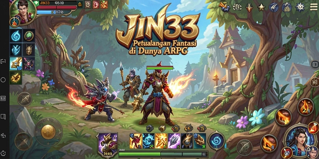 Tangkapan layar gameplay JIN33 dengan pertempuran seru dalam dunia fantasi.