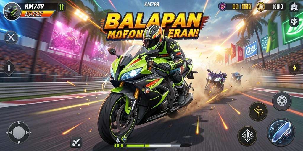 Screenshot menunjukkan balapan seru di KM789 dengan motor kencang dan trek menantang.