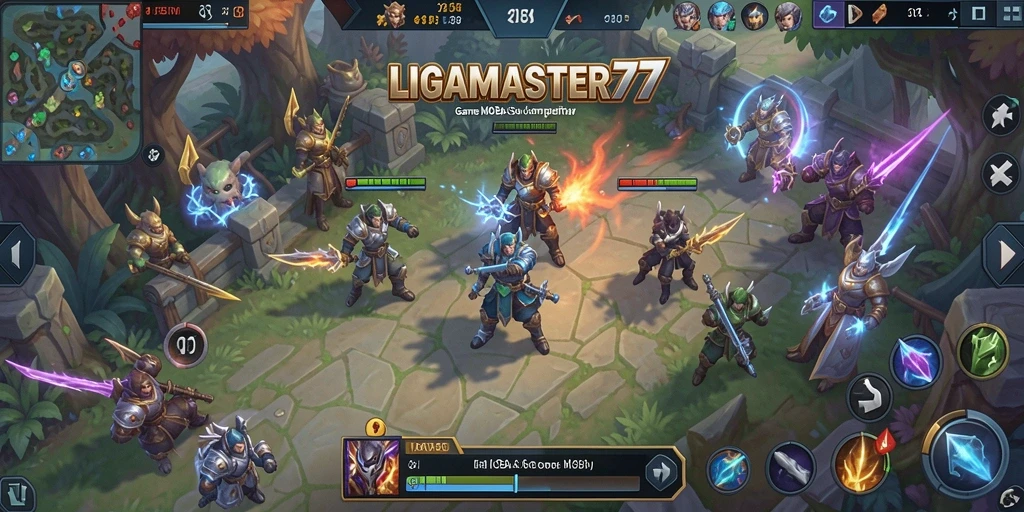 Screenshot LIGAMASTER77 menampilkan pertarungan intens di arena MOBA.