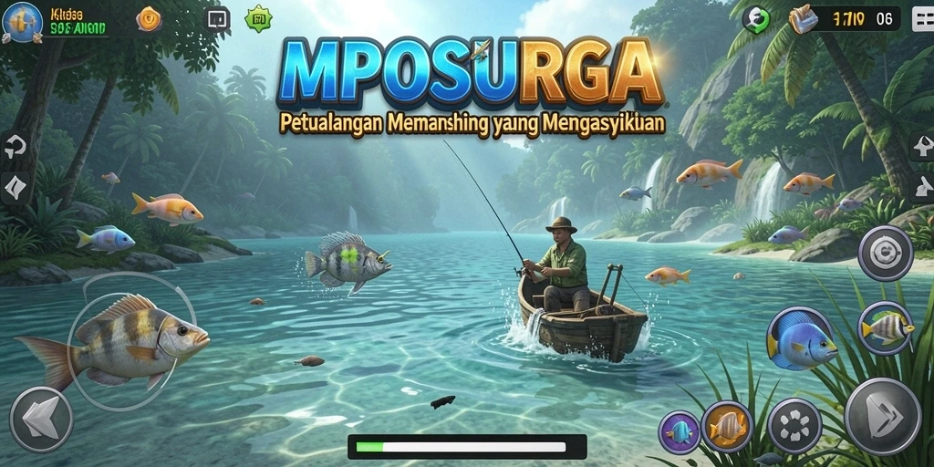 Gameplay MPOSURGA menampilkan suasana memancing yang indah dan menenangkan.