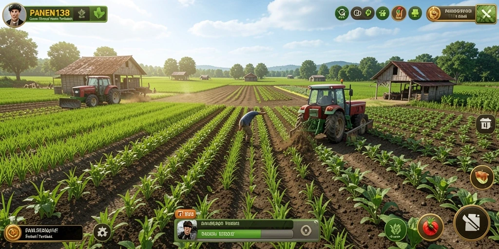 Screenshot gameplay menunjukkan ladang yang subur dan aktif.
